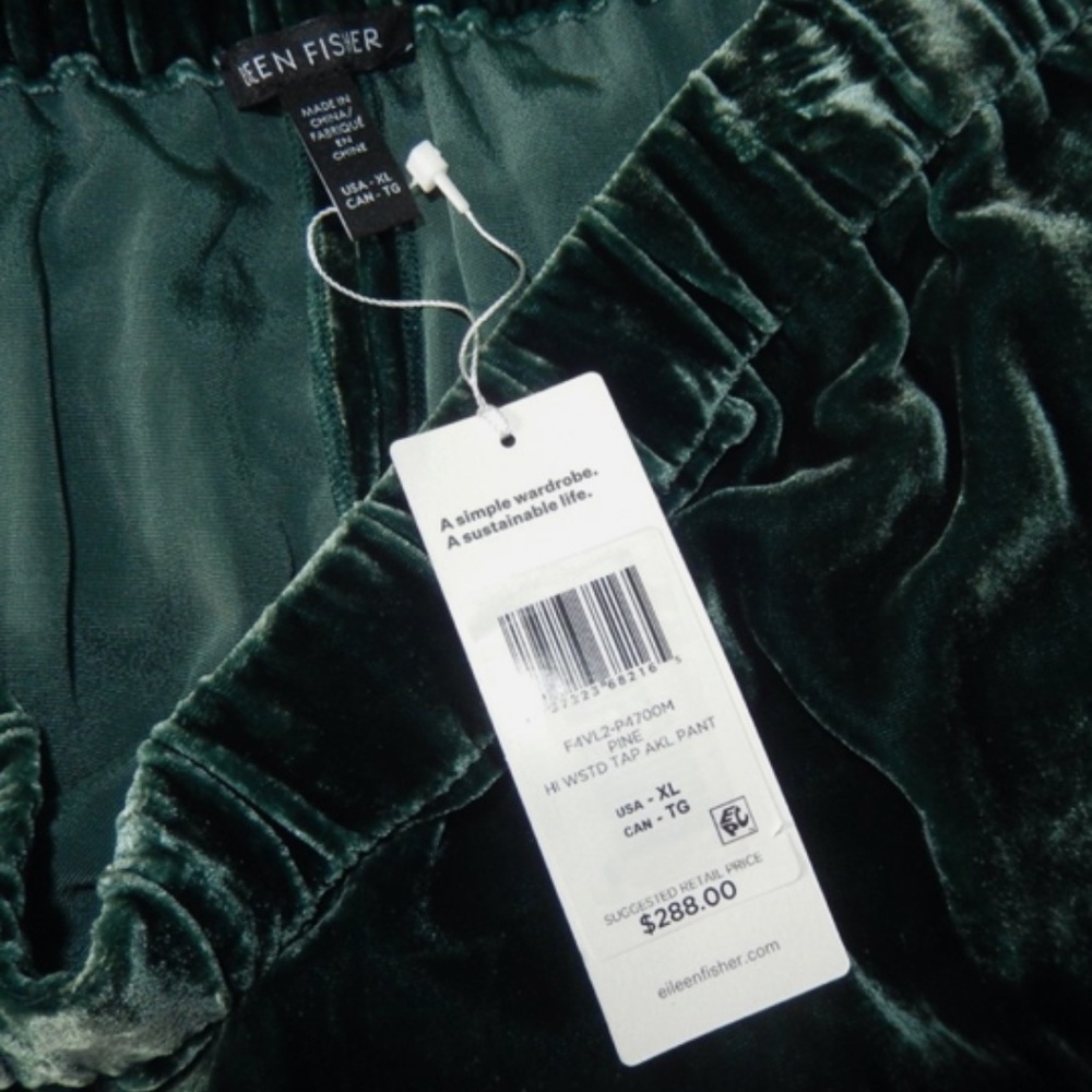 Eileen Fisher High Waist Green Velvet Taper Ankle Pants Pine Nwt - Picture 6 of 8